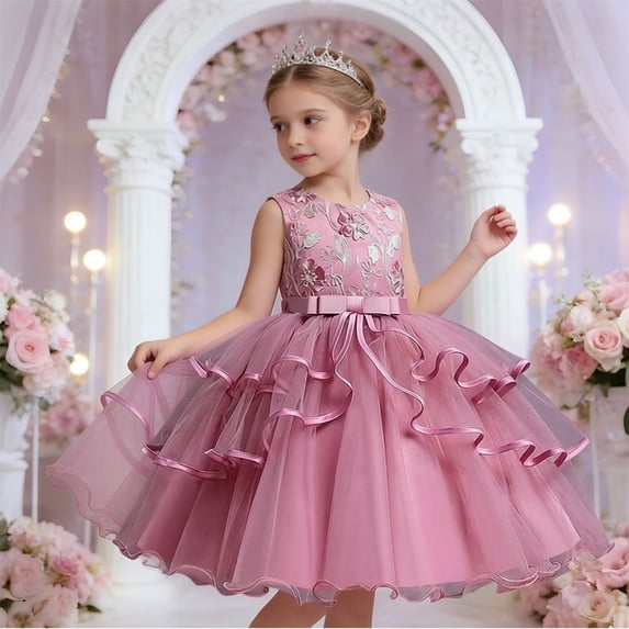 SGFCWSX Girls Princess Tulle Dress Sleeveless Embroidered Layered Ruffle Bow Formal Party Ball Gown Watermelon Red Size 4-5 Years