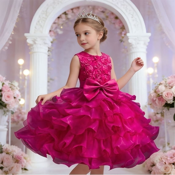 SGFCWSX Girls Princess Tulle Dress Sleeveless Rose Ruffled Big Bow Formal Party Ball Gown Hot Pink Size 5-6 Years
