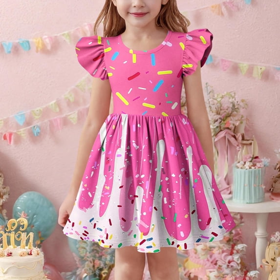SGFCWSX Girls Puff Sleeve Skater Dress Kids Crewneck Casual Heart Print Flare Dress for Spring Summer Pink Size 9-10 Years