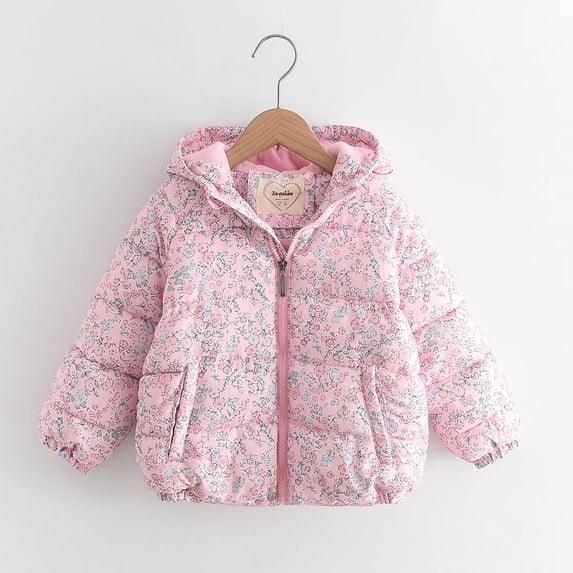 SGFCWSX Girls Puffer Jacket Hooded Fleece Lined Warm Insulated Quilted Floral Print Soft School Snow Cold Weather Outerwear Pink Size 3T