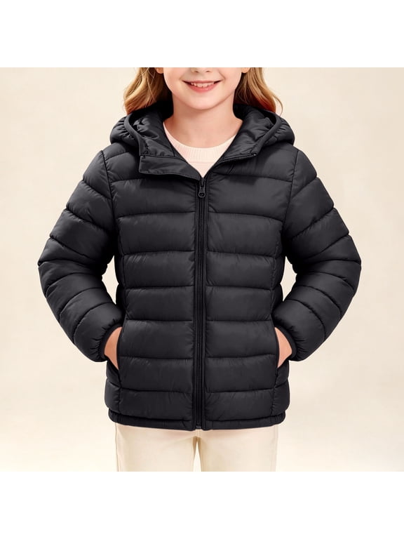 Girls Puffer Jacket Hooded Warm Winter Coat Zip Up Insulated Windproof Lightweight School Outerwear Black Size 13