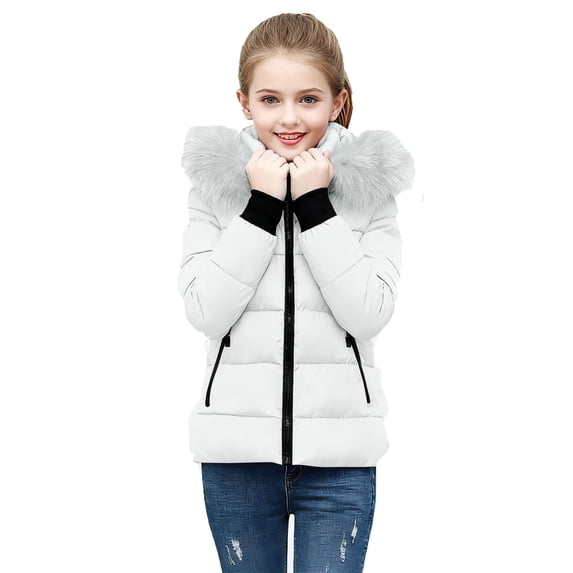 SGFCWSX Girls Puffer Jacket Winter Coat Hooded Faux Fur Insulated Warm Zip Up Windproof Ribbed Cuffs School Outerwear White Size 5T
