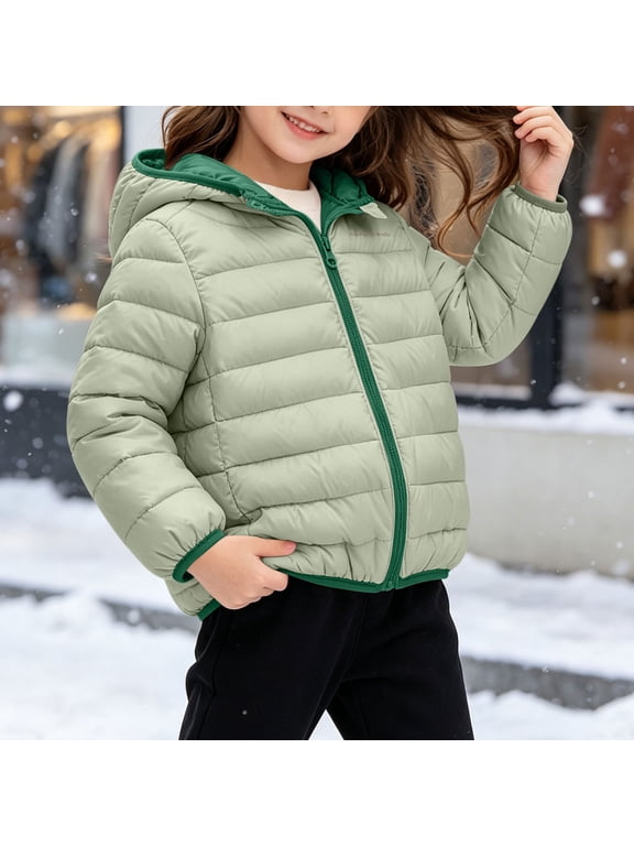 Girls Puffer Jacket Winter Coat Hooded Full Zip Colorblock Trim Warm Insulated School Outerwear Green Size 2T