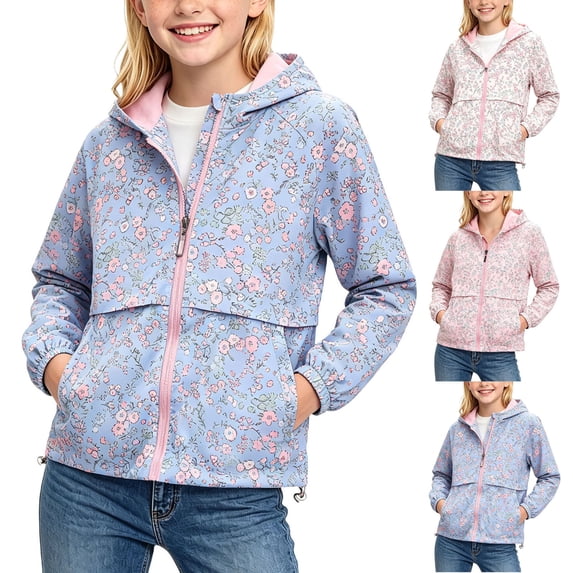 SGFCWSX Girls Rain Jackets Waterproof Windproof Hooded Floral Print Zip Up Elastic Hem Casual Outdoor Windbreaker Blue Size 12