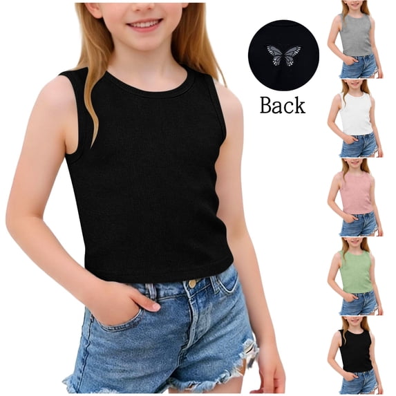 SGFCWSX Girls Ribbed Tank Tops Butterfly Embroidery Youth Crew Neck Casual Sleeveless Top Black Size 3-4 Years