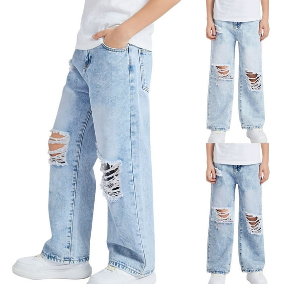 SGFCWSX Girls Ripped Jeans, Teens Distressed Denim Pants Destroyed Wide Leg Trousers with Holes Blue Size 12-13Years