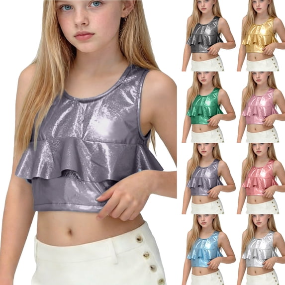 SGFCWSX Girls Ruffle Hem Cropped Tank Tops Kids Metallic Sleeveless Dressy Top Purple Size 7-8Years