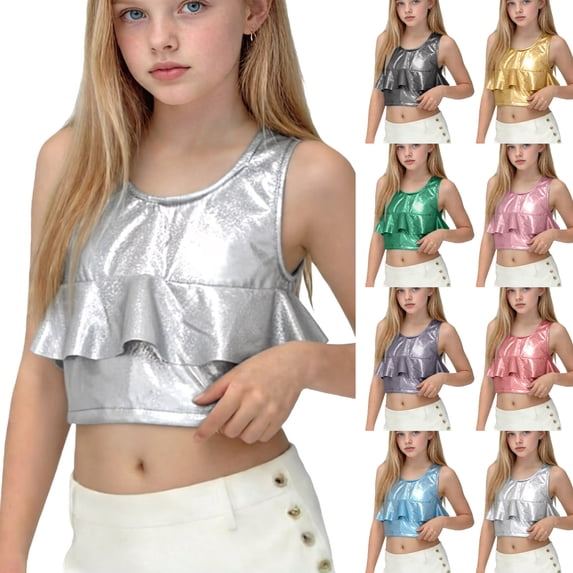 SGFCWSX Girls Ruffle Hem Cropped Tank Tops Kids Metallic Sleeveless Dressy Top Silver Size 11-12Years