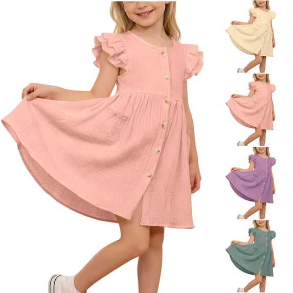 SGFCWSX Girls Ruffle Short Sleeve Dress Button Front Summer Casual with Pockets A-Line Dress for Kids Pink Size 2-3Years