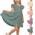 thumbnail image 1 of SGFCWSX Girls Ruffle Short Sleeve Dress Button Front Summer with Pockets Casual A-Line Dress for Kids Green Size 2-3Years, 1 of 9