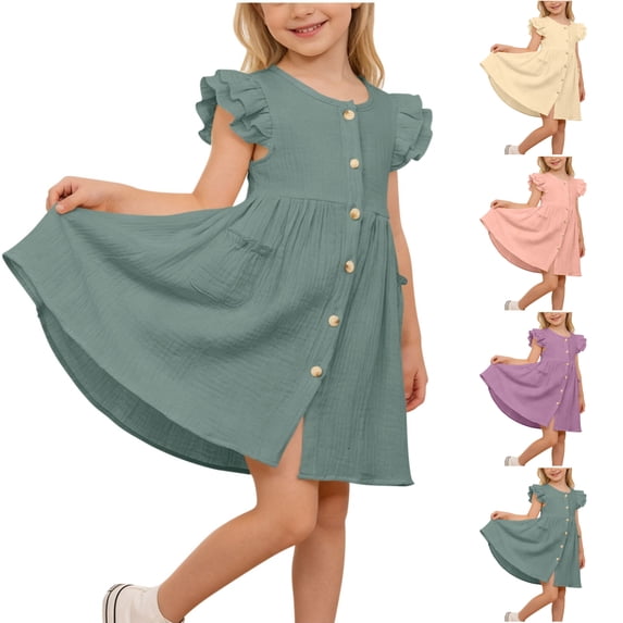 SGFCWSX Girls Ruffle Short Sleeve Dress Button Front Summer with Pockets Casual A-Line Dress for Kids Green Size 2-3Years