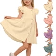 thumbnail image 1 of SGFCWSX Girls Ruffle Short Sleeve Dress Button Front with Pockets Summer Casual A-Line Dress for Kids Beige Size 7-8Years, 1 of 10