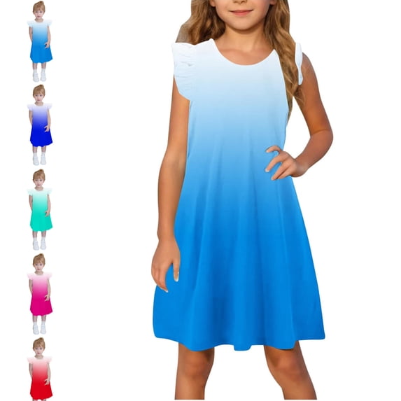 SGFCWSX Girls Ruffle Sleeve Dress A-Line Crew Neck Gradient Print Summer Casual Dresses for Kids Blue Size 5-6 Years