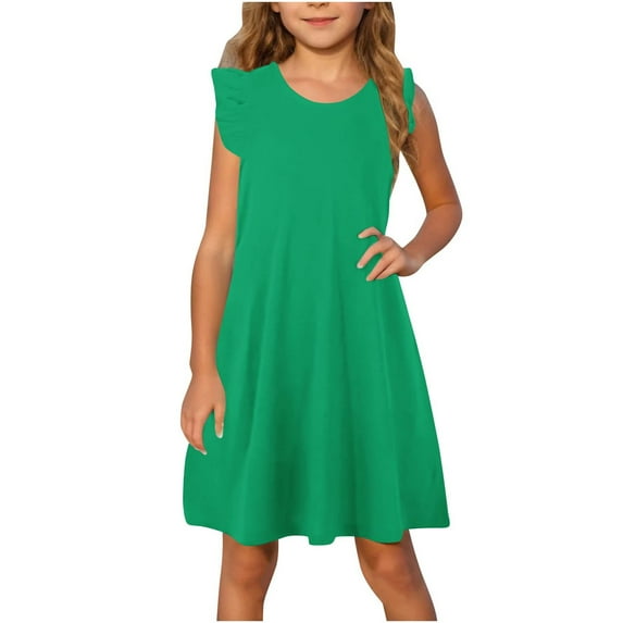 SGFCWSX Girls Ruffle Sleeve Dress A-Line Solid Color Crew Neck Summer Casual Dresses for Teens Green Size 13-14 Years