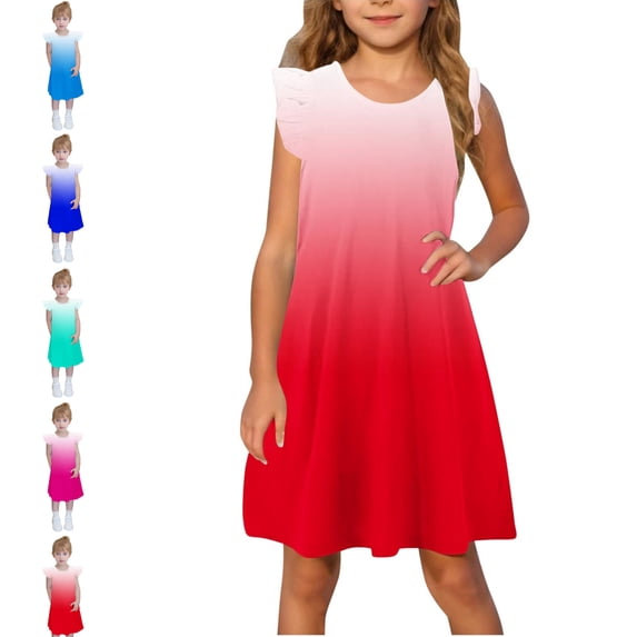 SGFCWSX Girls Ruffle Sleeve Dress Crew Neck A-Line Gradient Print Summer Casual Dresses for Kids Red Size 9-10 Years