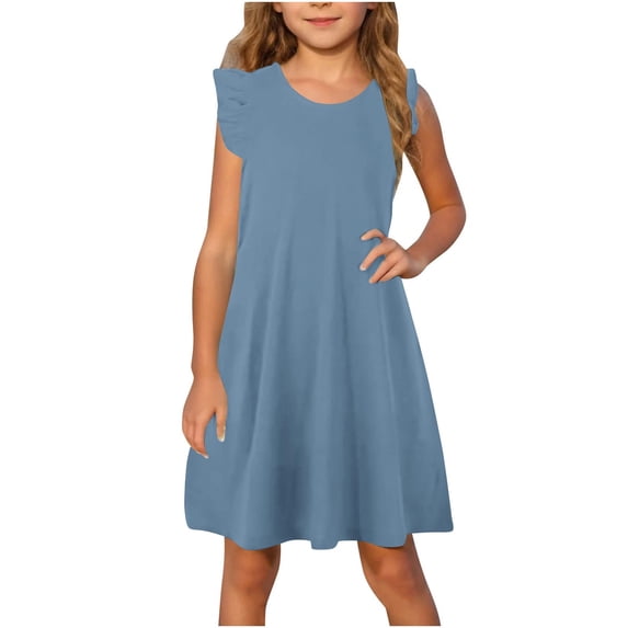 SGFCWSX Girls Ruffle Sleeve Dress Crew Neck A-Line Soft Solid Color Summer Casual Dresses for Teens Blue Size 13-14 Years