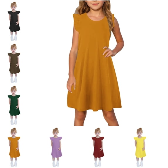 SGFCWSX Girls Ruffle Sleeve Dress Crew Neck A-Line Solid Color Casual Summer Dresses for Kids Orange Size 9-10 Years