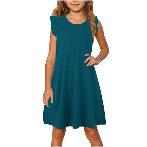 SGFCWSX Girls Ruffle Sleeve Dress Crew Neck A-Line Solid Color Summer Casual Dresses for Teens Blue Size 13-14 Years