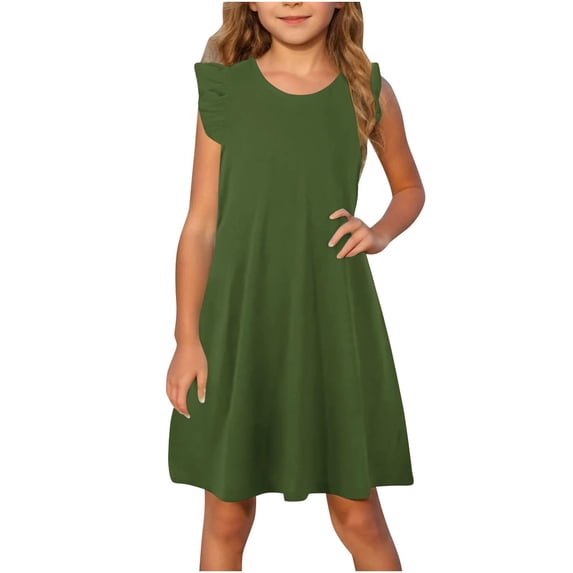 SGFCWSX Girls Ruffle Sleeve Dress Crew Neck Solid Color Soft A-Line Summer Casual Dresses for Kids Army Green Size 5-6 Years