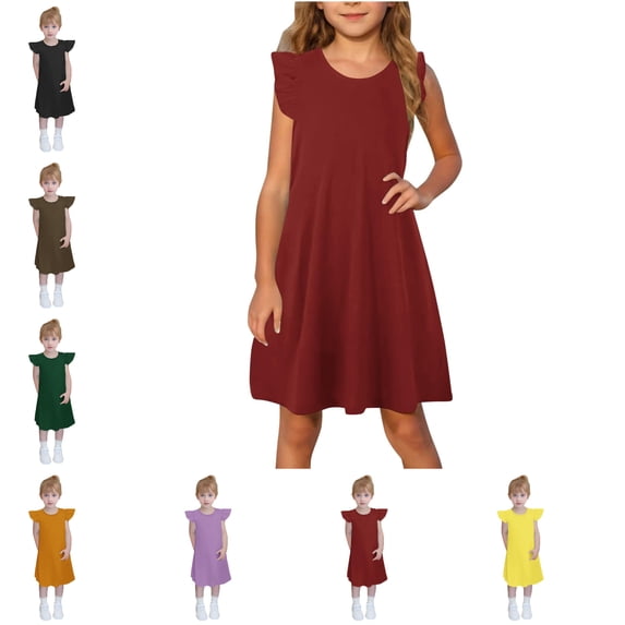 SGFCWSX Girls Ruffle Sleeve Dress Solid Color A-Line Crew Neck Casual Summer Dresses for Kids Red Size 5-6 Years