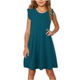 thumbnail image 1 of SGFCWSX Girls Ruffle Sleeve Dress Solid Color A-Line Crew Neck Summer Casual Dresses for Kids Blue Size 7-8 Years, 1 of 8