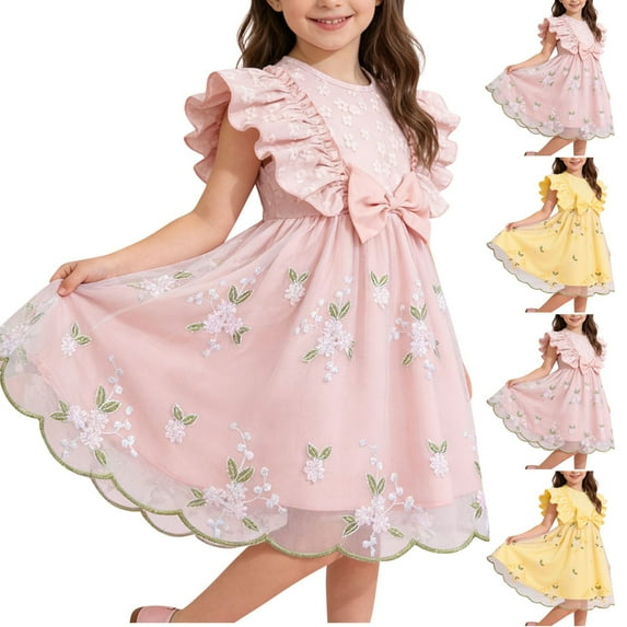 SGFCWSX Girls Ruffle Sleeve Dress Summer Floral Embroidery Bow Front Mesh Party Dress for Kids Pink Size 7-8Years