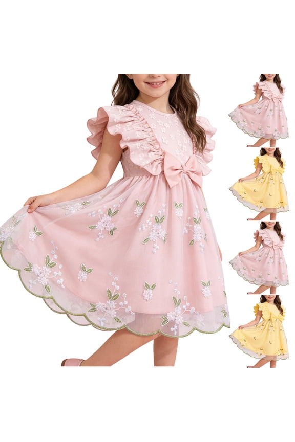 Girls Ruffle Sleeve Dress Summer Floral Embroidery Bow Front Mesh Party Dress for Kids Pink Size 7-8Years
