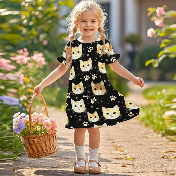 SGFCWSX Girls Ruffle Sleeve Swing Dress Kids Crewneck Graphic Casual Dress for Spring Summer Play Black Size 3-4 Years