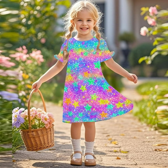 SGFCWSX Girls Ruffle Sleeve Swing Dress Kids Crewneck Rainbow Glitter Star Print Casual Dress for Spring Summer Play Multicolor Size 3-4 Years
