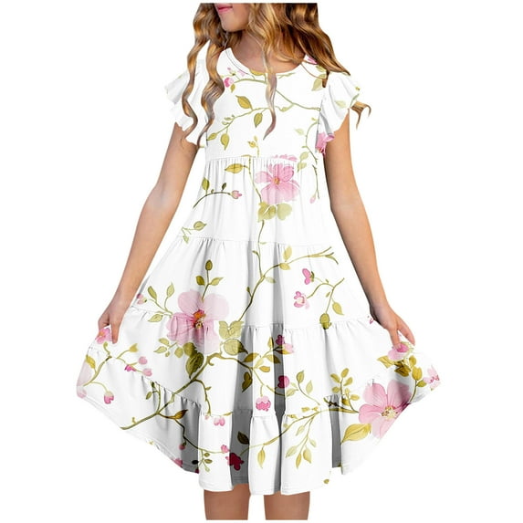 SGFCWSX Girls Ruffle Sleeve Tiered Midi Swing Dress Kids Floral Print Crewneck Casual Dress for Spring Summer Multicolor Size 6-7 Years