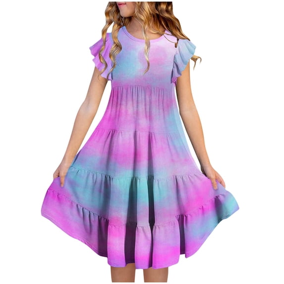 SGFCWSX Girls Ruffle Sleeve Tiered Swing Dress Kids Casual Crewneck Tie Dye Print Midi Dress for Spring Summer Purple Size 10-11 Years
