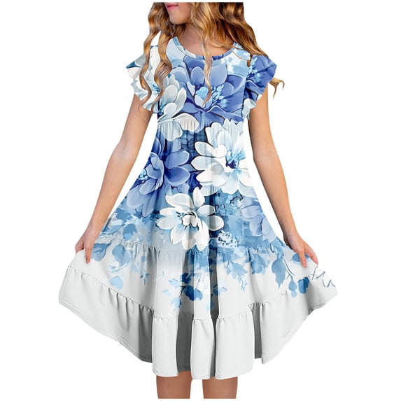 SGFCWSX Girls Ruffle Sleeve Tiered Swing Dress Kids Crewneck Floral Print Midi Dresses for Spring Summer Casual Party Multicolor Size 10-11 Years