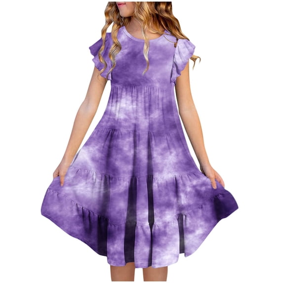 SGFCWSX Girls Ruffle Sleeve Tiered Swing Dress Kids Crewneck Tie Dye Print Casual Midi Dress for Spring Summer Purple Size 6-7 Years