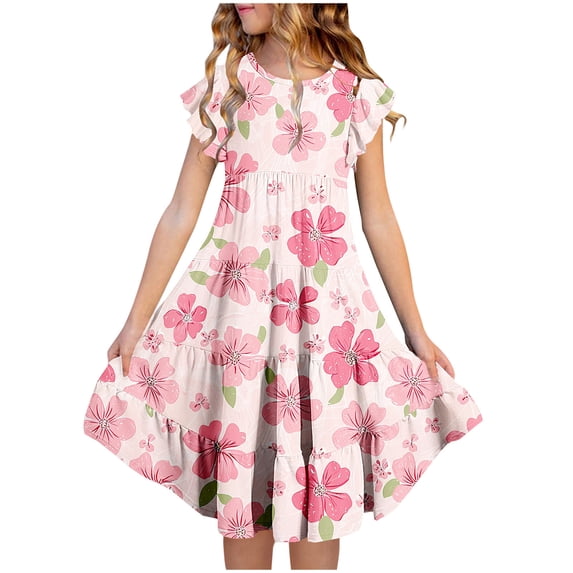 SGFCWSX Girls Ruffle Sleeve Tiered Swing Dress Kids Floral Leaf Print Crewneck Midi Dress for Spring Summer Casual Play Multicolor Size 10-11 Years