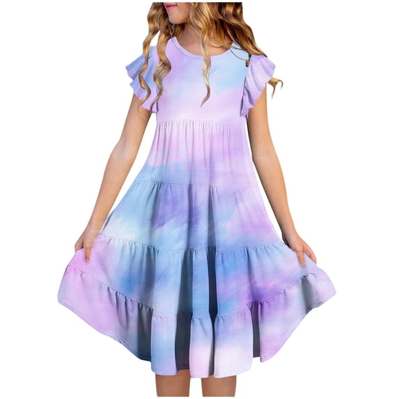 SGFCWSX Girls Ruffle Sleeve Tiered Swing Dress Teens Crewneck Casual Tie Dye Print Midi Dress for Spring Summer Purple Size 14-15 Years
