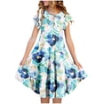 thumbnail image 1 of SGFCWSX Girls Ruffle Sleeve Tiered Swing Dress Teens Crewneck Floral Leaf Print Midi Dress for Spring Summer Casual Play Multicolor Size 14-15 Years, 1 of 5