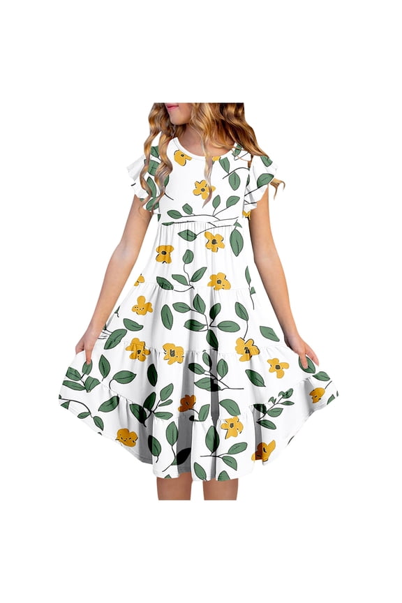 Girls Ruffle Sleeve Tiered Swing Dress Teens Crewneck Floral Leaf Print Midi Dress for Spring Summer Casual Play Multicolor Size 14-15 Years