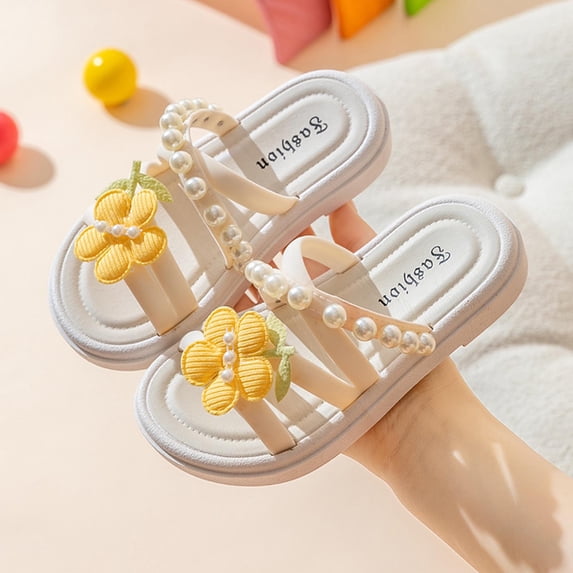 SGFCWSX Girls Sandals Flower Decor Pearl Accent Open Toe Flat Soft Sole Casual Beach Sandals for Kids Daily Wear Yellow Size 5.5 Years