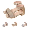 thumbnail image 1 of SGFCWSX Girls Sandals Glitter Ankle Strap Low Block Heel Open Toe Rhinestone Charm Dress Sandals for Wedding Party Daily Wear Gold Size 12.5 Little Kids, 1 of 8