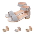 thumbnail image 1 of SGFCWSX Girls Sandals Glitter Ankle Strap Low Block Heel Open Toe Rhinestone Charm Dress Sandals for Wedding Party Daily Wear Silver Size 1 Big Kids, 1 of 10