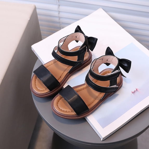 SGFCWSX Girls Sandals Kids Bow Ankle Strap Hook and Loop Summer Casual Shoes Black Size 5.5 Years