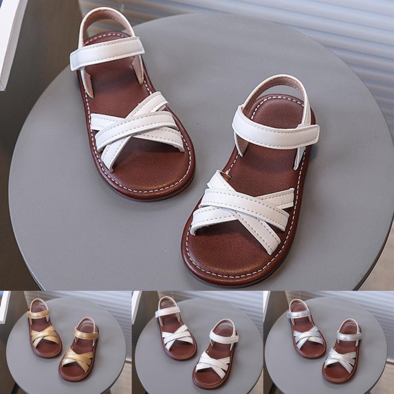 SGFCWSX Girls Sandals Kids Crisscross Ankle Strap Hook and Loop Summer Casual Shoes White Size 4.5 Years