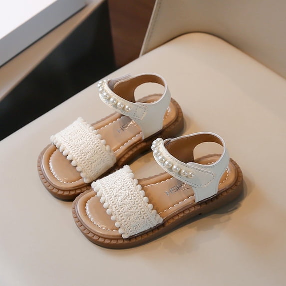 SGFCWSX Girls Sandals Woven Fabric Pearl Ankle Strap Open Toe Adjustable Hook and Loop Strap Flat Soft Sole Casual Sandals for Kids White Size 5 Years