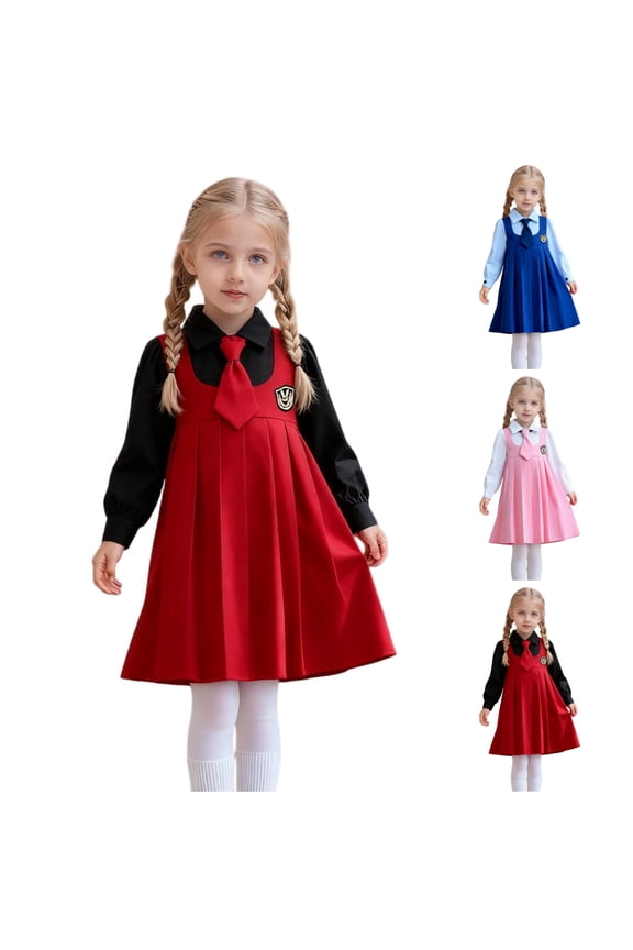 Girls School Uniform 2 Piece Set for Kids Collared Pleated Dress with Tie Spring Outfit Red Size 5-6 Years