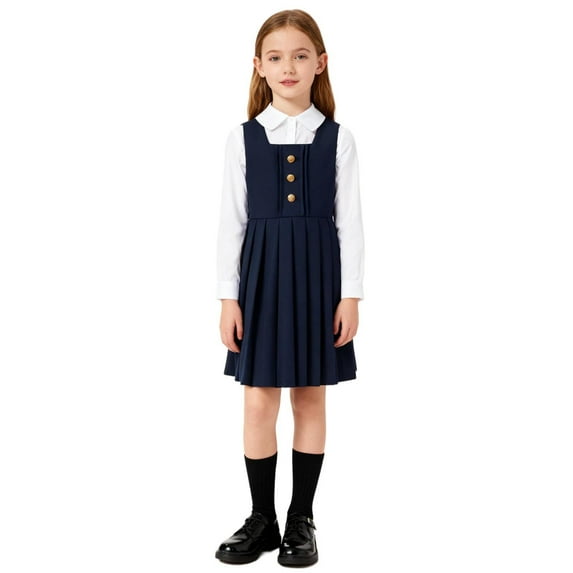 SGFCWSX Girls School Uniform Dress, Sleeveless Button Casual Pleated Jumper Dress Navy Size 3-4 Years