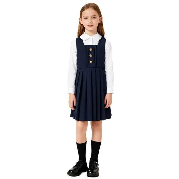 SGFCWSX Girls School Uniform Dress, Sleeveless Pleated Button Casual Jumper Dress Navy Size 11-12 Years