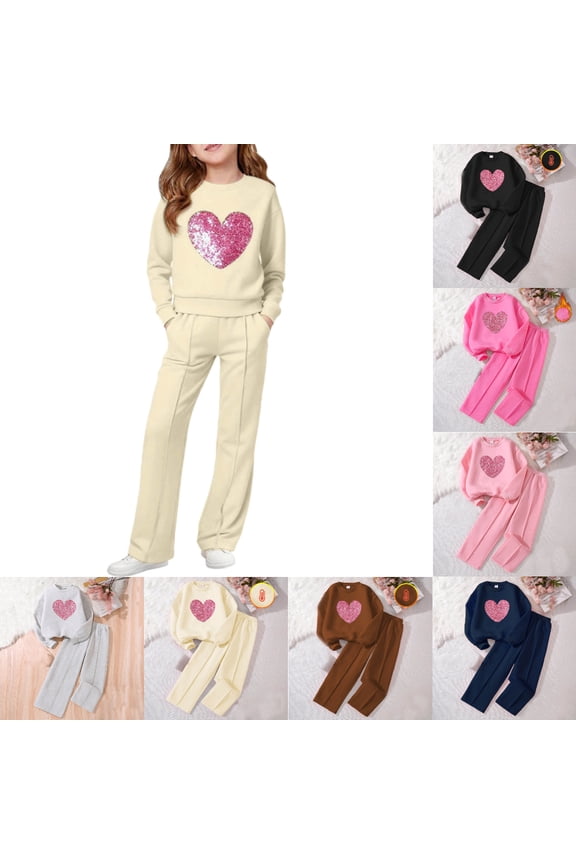 Girls Sequin Heart 2 Piece Outfit Sweatshirt and Pants Set for Kids Casual Warm Tracksuit Beige Size 9-10Years
