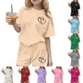 thumbnail image 1 of SGFCWSX Girls Short Sets Kids Summer Oversized 2 Piece Casual Heart Print Short Sleeve Elastic Waist Daily Wear Beige Size 4-5 Years, 1 of 8