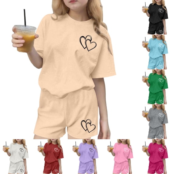 SGFCWSX Girls Short Sets Kids Summer Oversized 2 Piece Casual Heart Print Short Sleeve Elastic Waist Daily Wear Beige Size 4-5 Years