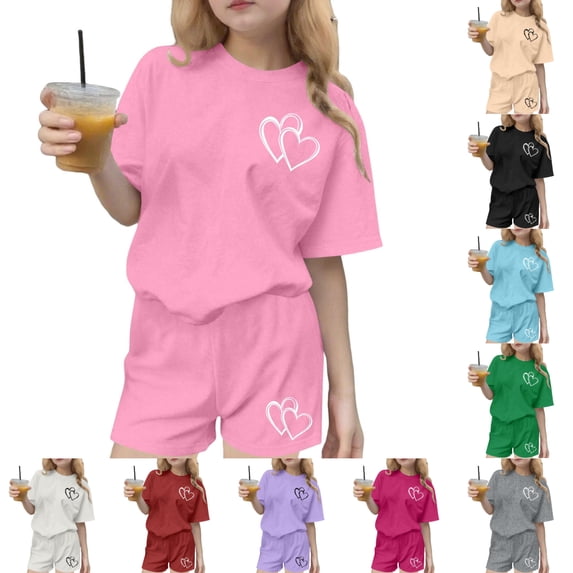 SGFCWSX Girls Short Sets Kids Summer Oversized 2 Piece Casual Heart Print Short Sleeve Elastic Waist Daily Wear Pink Size 14-15 Years